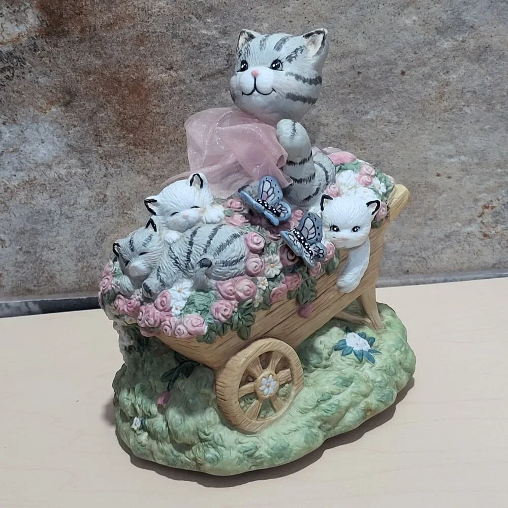 Porcelain Cats in Wheelbarrow Wind Up Music Box